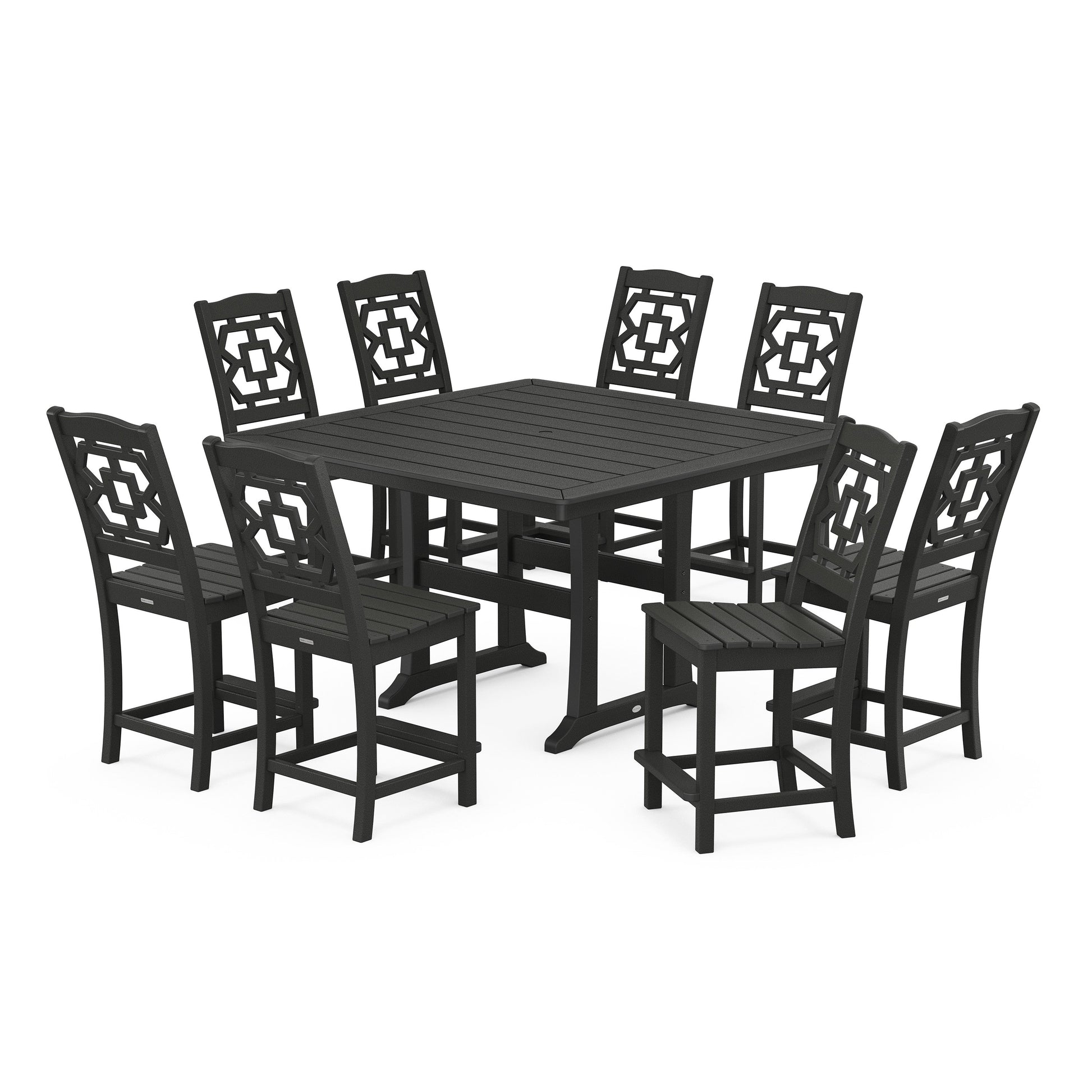 POLYWOOD Chinoiserie 9-Piece Square Side Chair Counter Set with Trestle Legs — Black