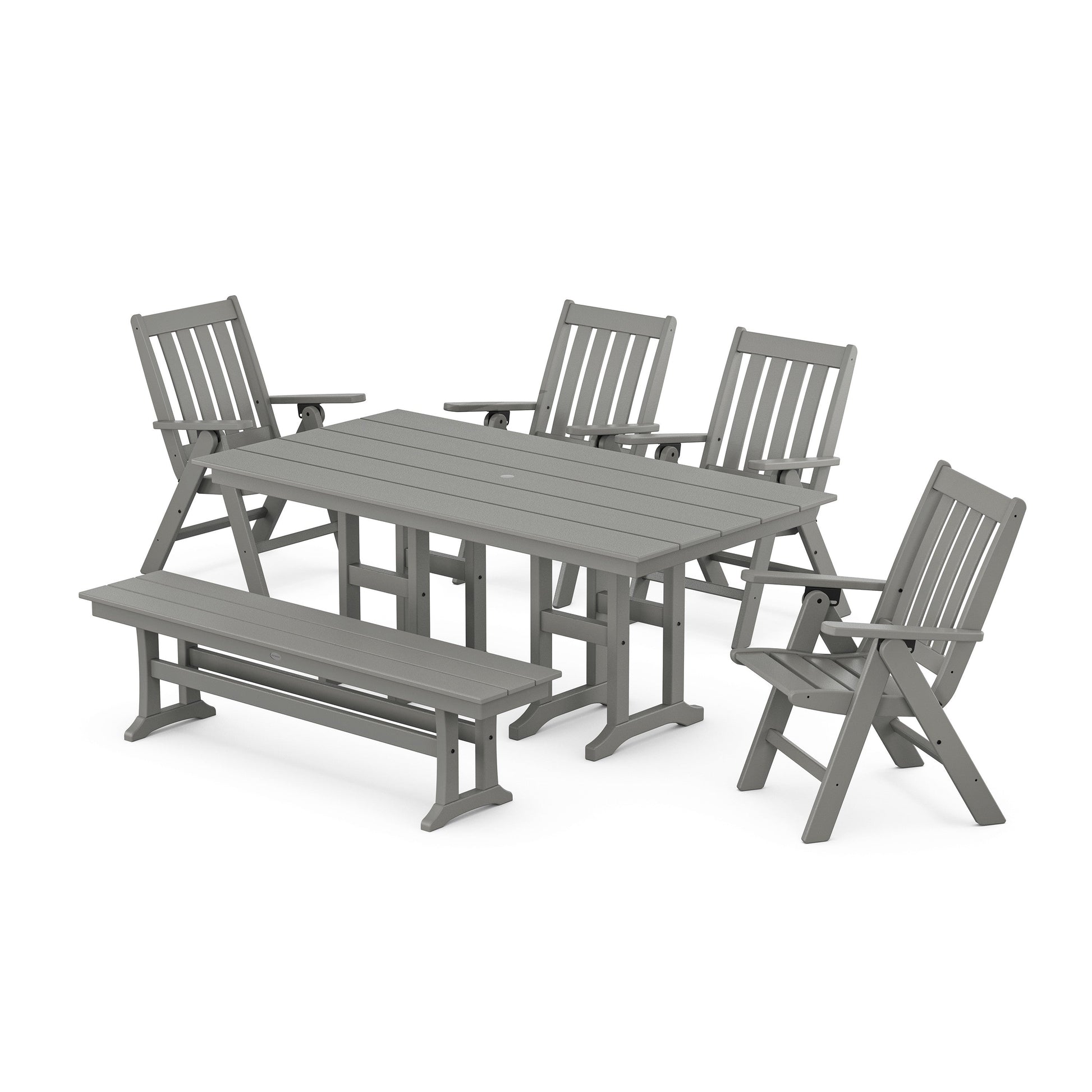 POLYWOOD Vineyard Folding Chair 6-Piece Farmhouse Dining Set with Bench — Slate Grey