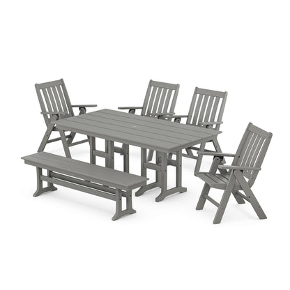 POLYWOOD Vineyard Folding Chair 6-Piece Farmhouse Dining Set with Bench — Slate Grey