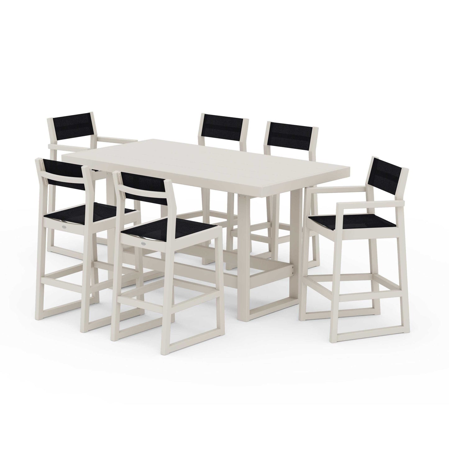 POLYWOOD EDGE Sling 7-Piece Bar Table Set — Sand / Black Sling