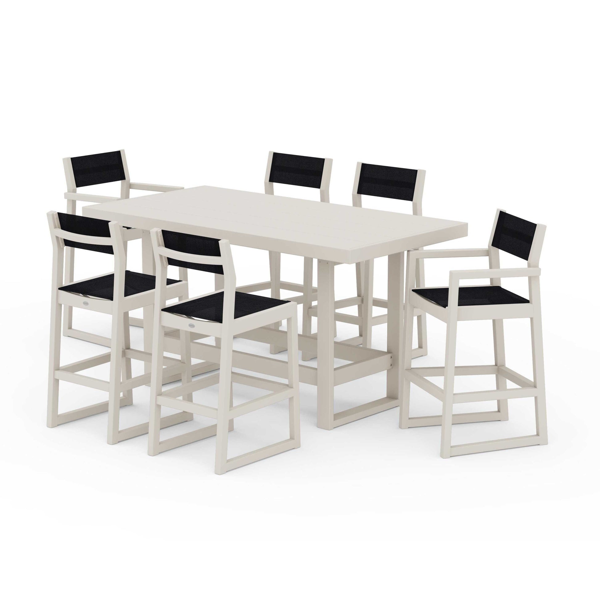 POLYWOOD EDGE Sling 7-Piece Bar Table Set — Sand / Black Sling