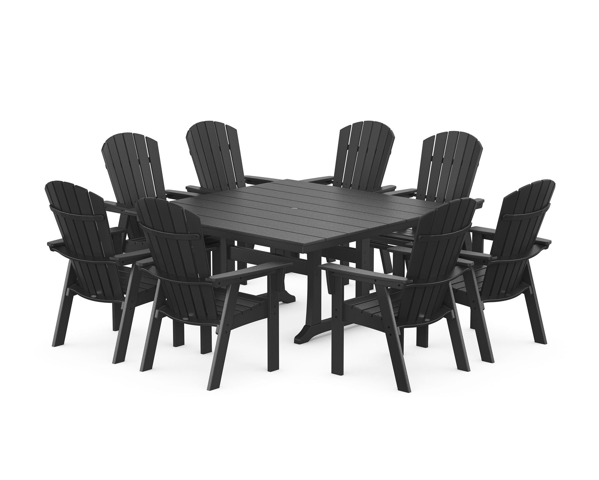POLYWOOD Nautical Curveback Adirondack 9-Piece Square Dining Set with Trestle Legs — Black