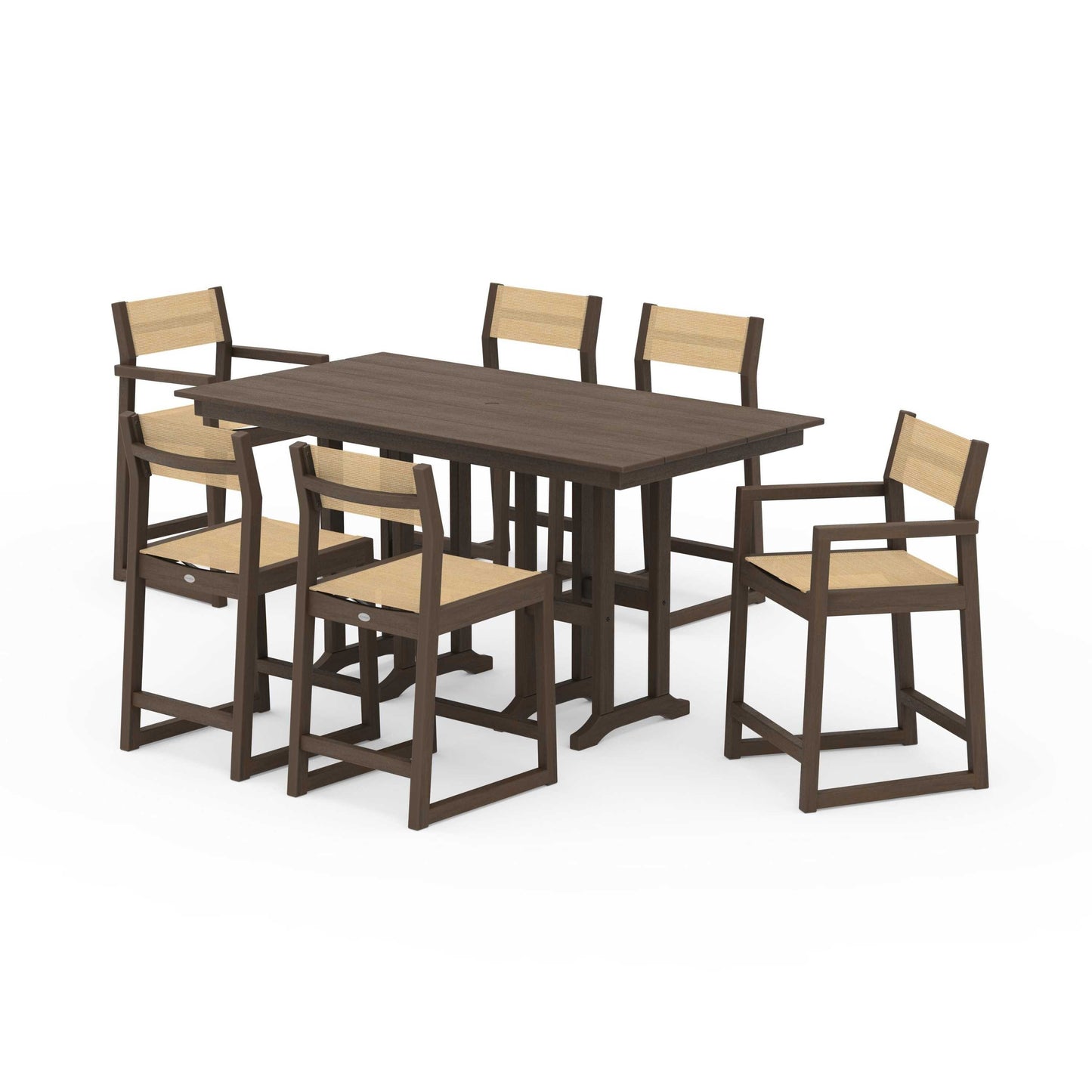 POLYWOOD EDGE Sling 7-Piece Farmhouse Counter Set with Trestle Legs — Kona / Dupioni Apricot Sling
