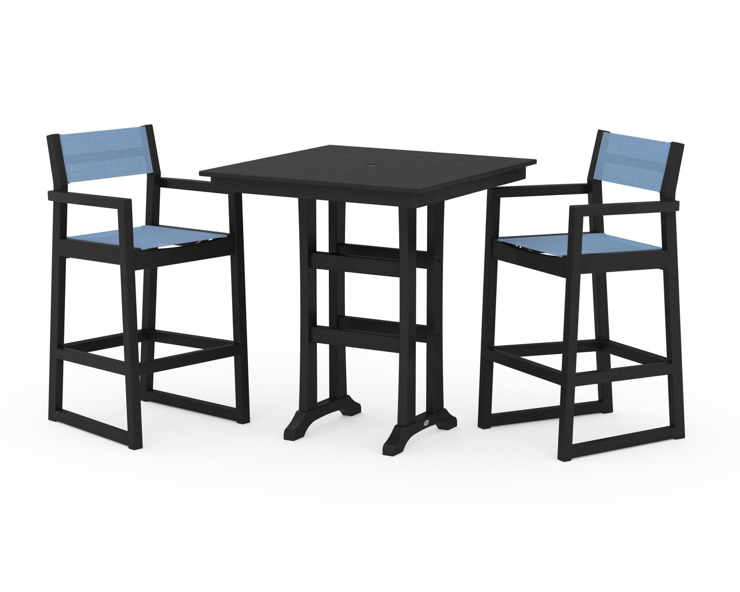 POLYWOOD EDGE Sling Arm Chair 3-Piece Farmhouse Bar Set with Trestle Legs — Black / Poolside Sling