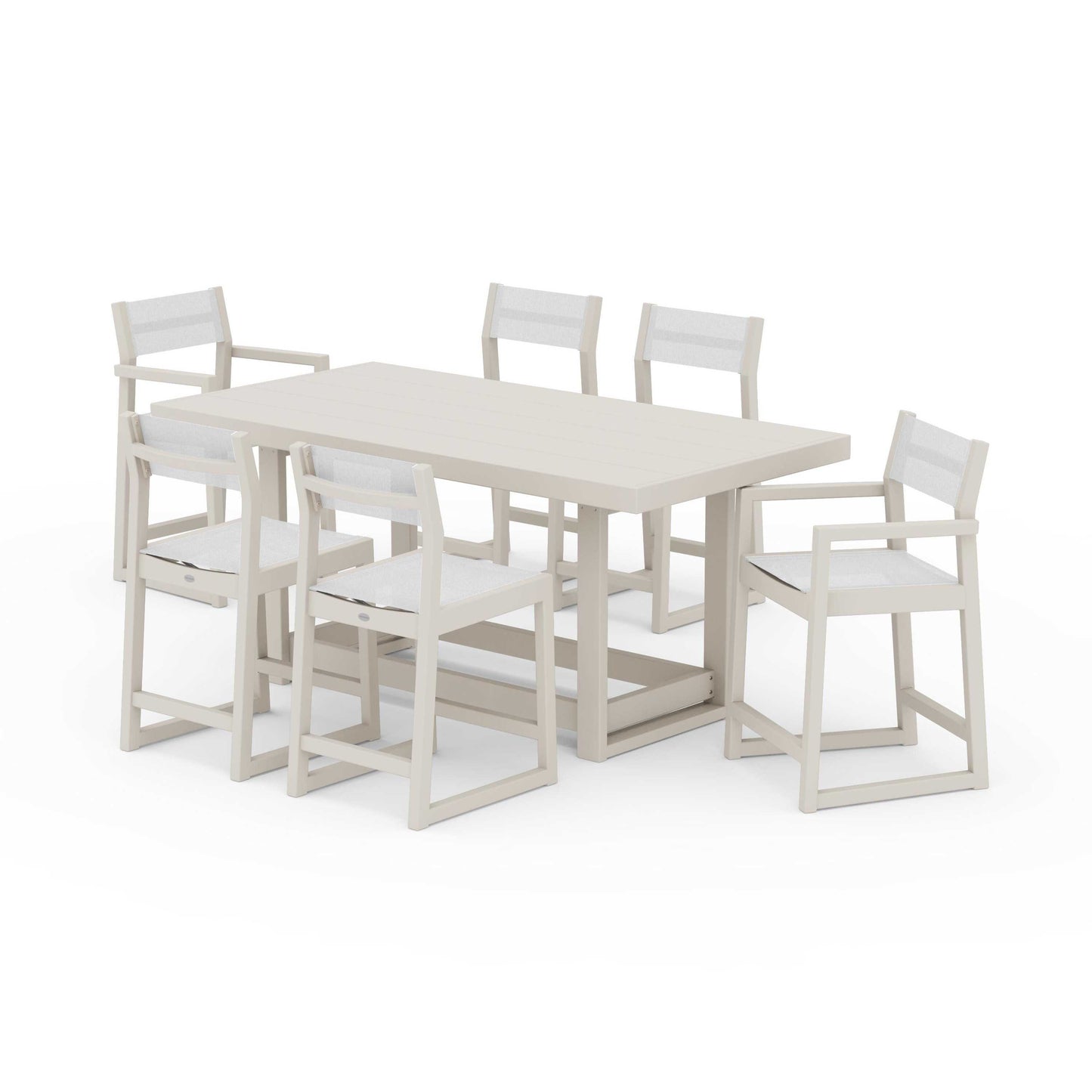POLYWOOD EDGE Sling 7-Piece Counter Table Set — Sand / White Sling