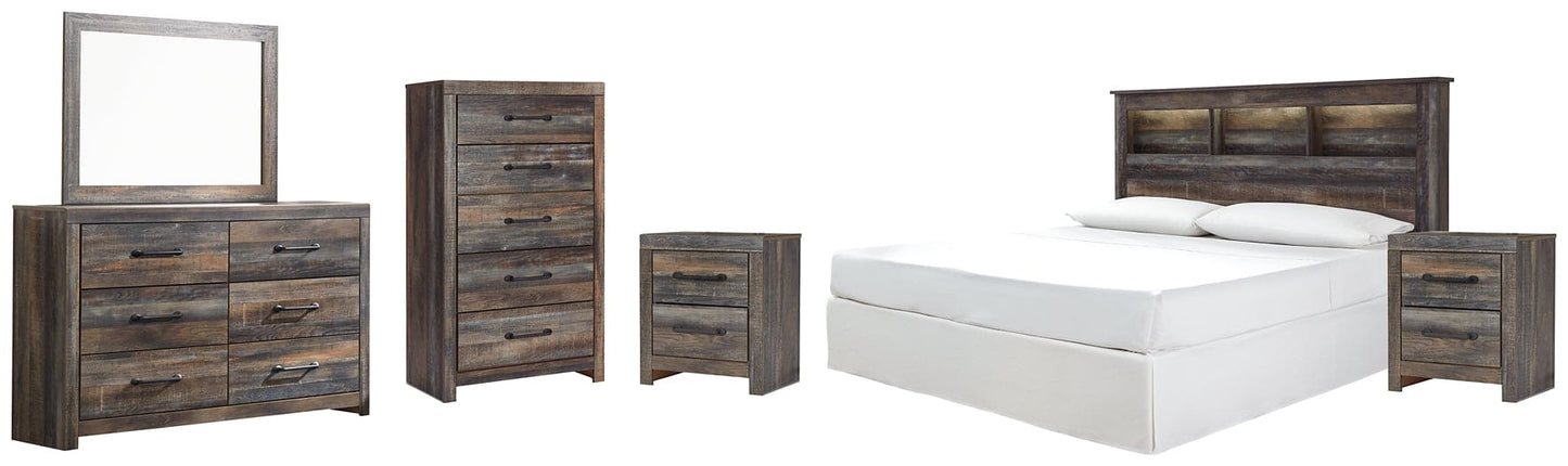 Drystan King/California King Bookcase Headboard with Mirrored Dresser, Chest and 2 Nightstands