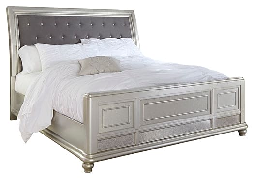 Coralayne Queen Upholstered Sleigh Bed with Mirrored Dresser