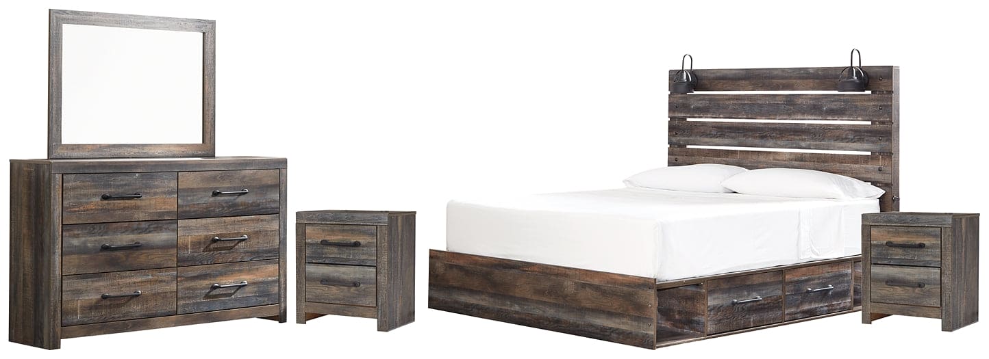 Drystan King Panel Bed with 2 Storage Drawers with Mirrored Dresser and 2 Nightstands