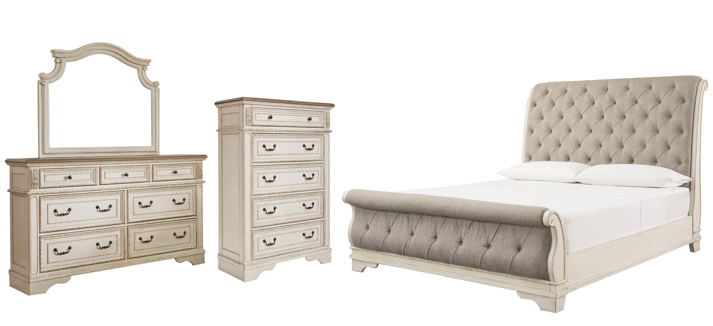 Realyn California King Sleigh Bed with Mirrored Dresser and Chest