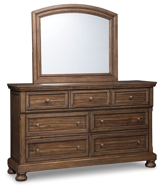 Flynnter California King Panel Bed with 2 Storage Drawers with Mirrored Dresser, Chest and Nightstand