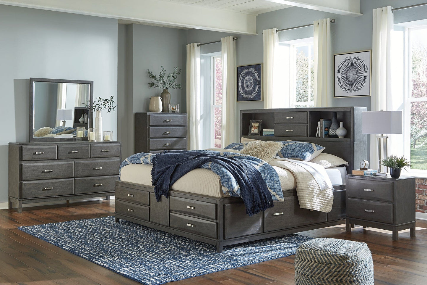 Caitbrook  Storage Bed With 8 Storage Drawers With Mirrored Dresser And 2 Nightstands