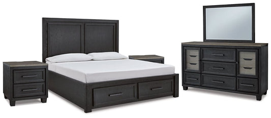Foyland Queen Panel Storage Bed with Mirrored Dresser and 2 Nightstands