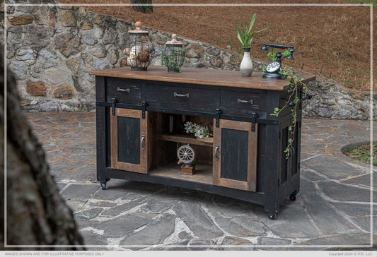 3 Drawer Kitchen Island w/2 sliding doors, 2 Mesh doors on each side - functional casters - Black & Brown Finish