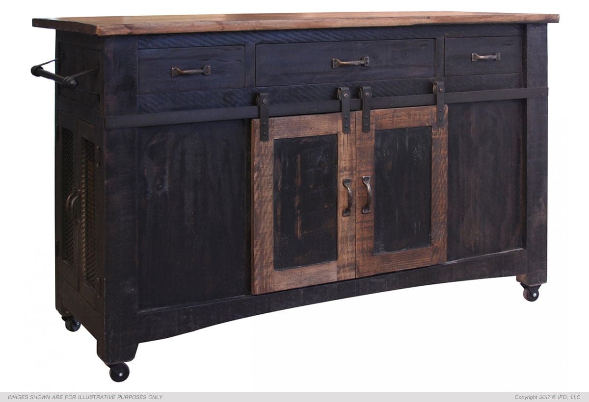 3 Drawer Kitchen Island w/2 sliding doors, 2 Mesh doors on each side - functional casters - Black & Brown Finish