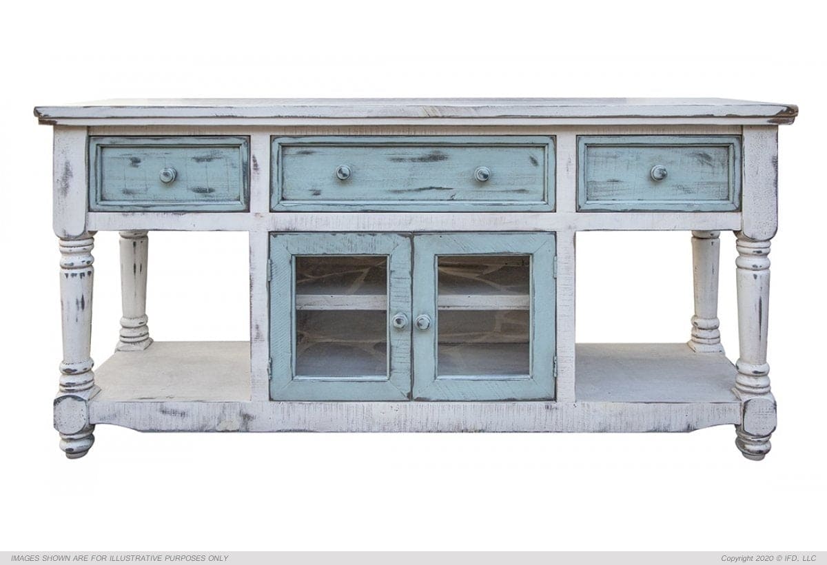 70" TV Stand in White Finish, w/3 sky blue drawers & 2 sky blue doors