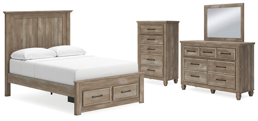 Yarbeck Queen Panel Bed with Storage with Mirrored Dresser and Chest
