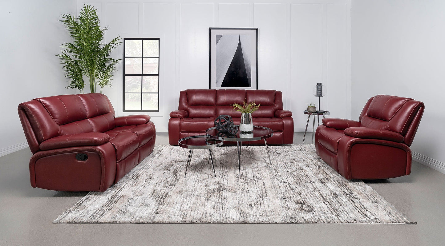 Camila Upholstered Motion Reclining Sofa Red Faux Leather