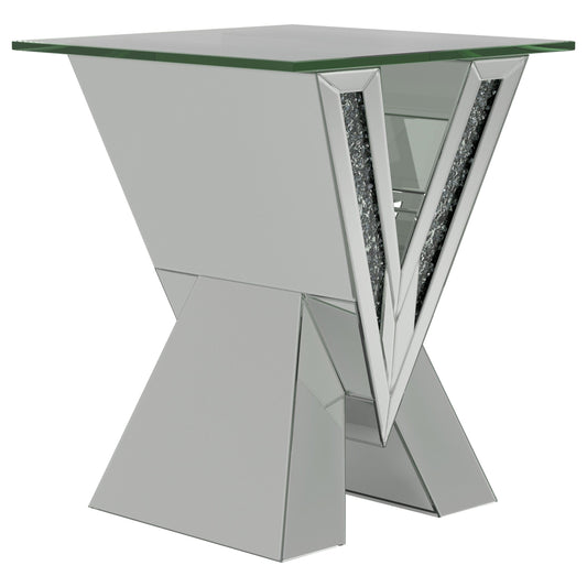 Taffeta V-shaped End Table with Glass Top Silver